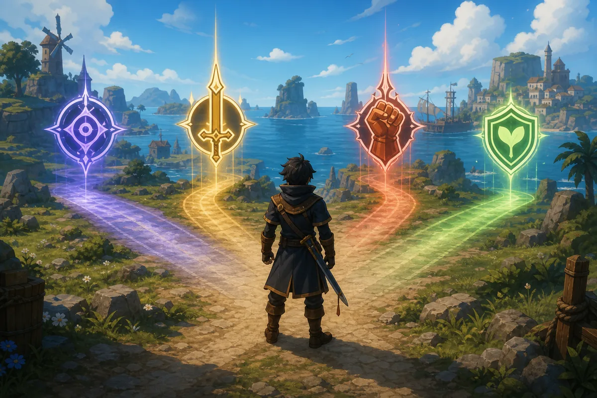Editorial illustration of an Arcane Odyssey player choosing between Magic, Weapons, Strength, and Spirit class paths
