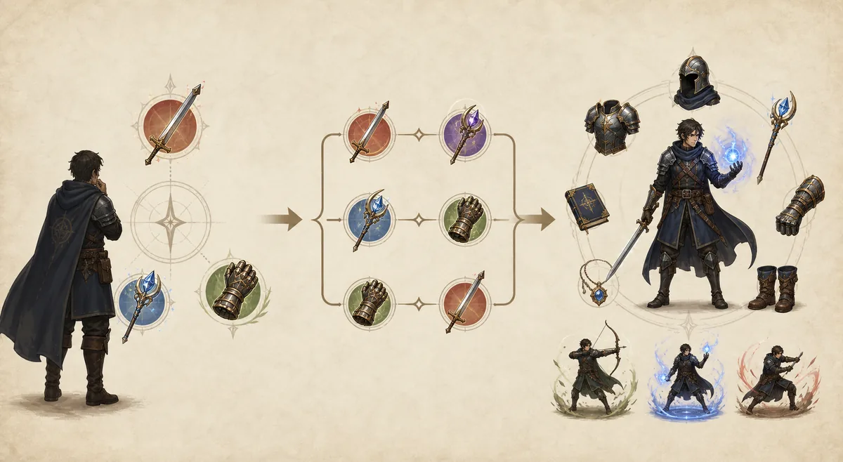 Editorial workflow showing Arcane Odyssey class choice moving from primary stat to hybrid option to gear support