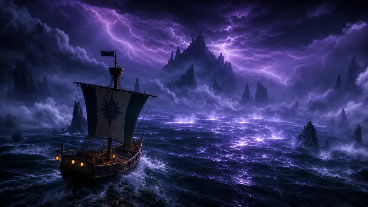 Editorial illustration of a ship approaching the Arcane Odyssey Dark Sea storm border