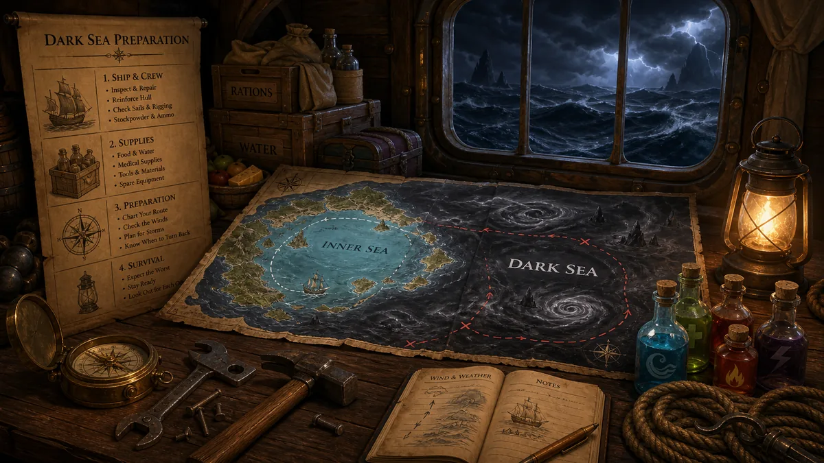 Editorial illustration of Arcane Odyssey Dark Sea preparation with compass, supplies, repair tools, and map