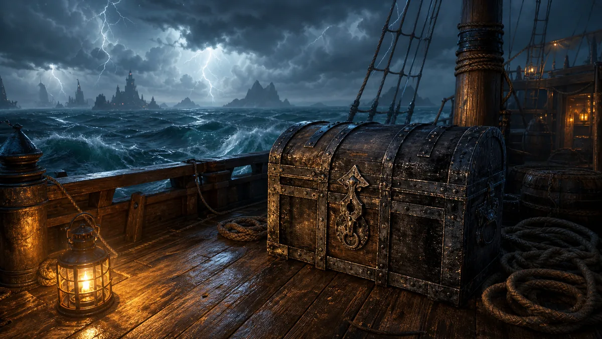 Editorial illustration of an Arcane Odyssey Dark Sealed Chest on a stormy ship deck