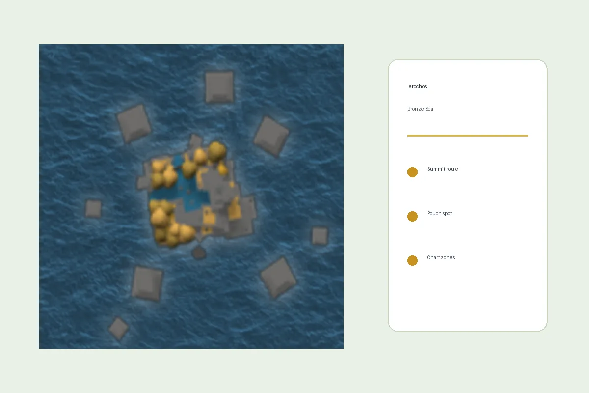 Ierochos Island Arcane Odyssey map guide with Bronze Sea route, pouch, and treasure chart callouts