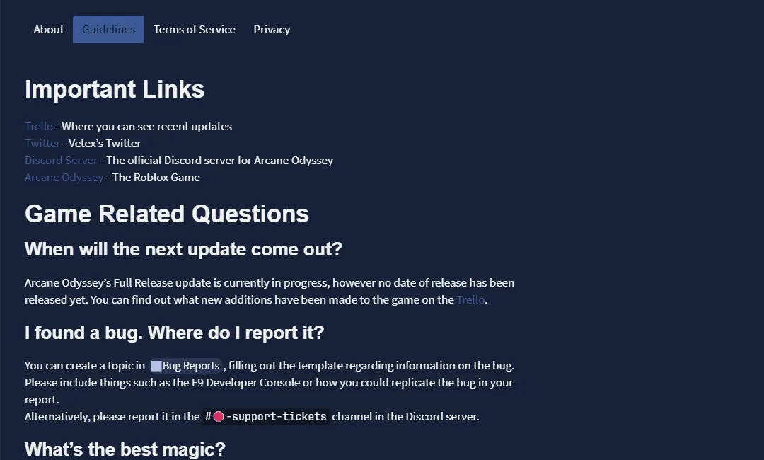 Official Arcane Odyssey forum Important Links section listing Trello for recent updates
