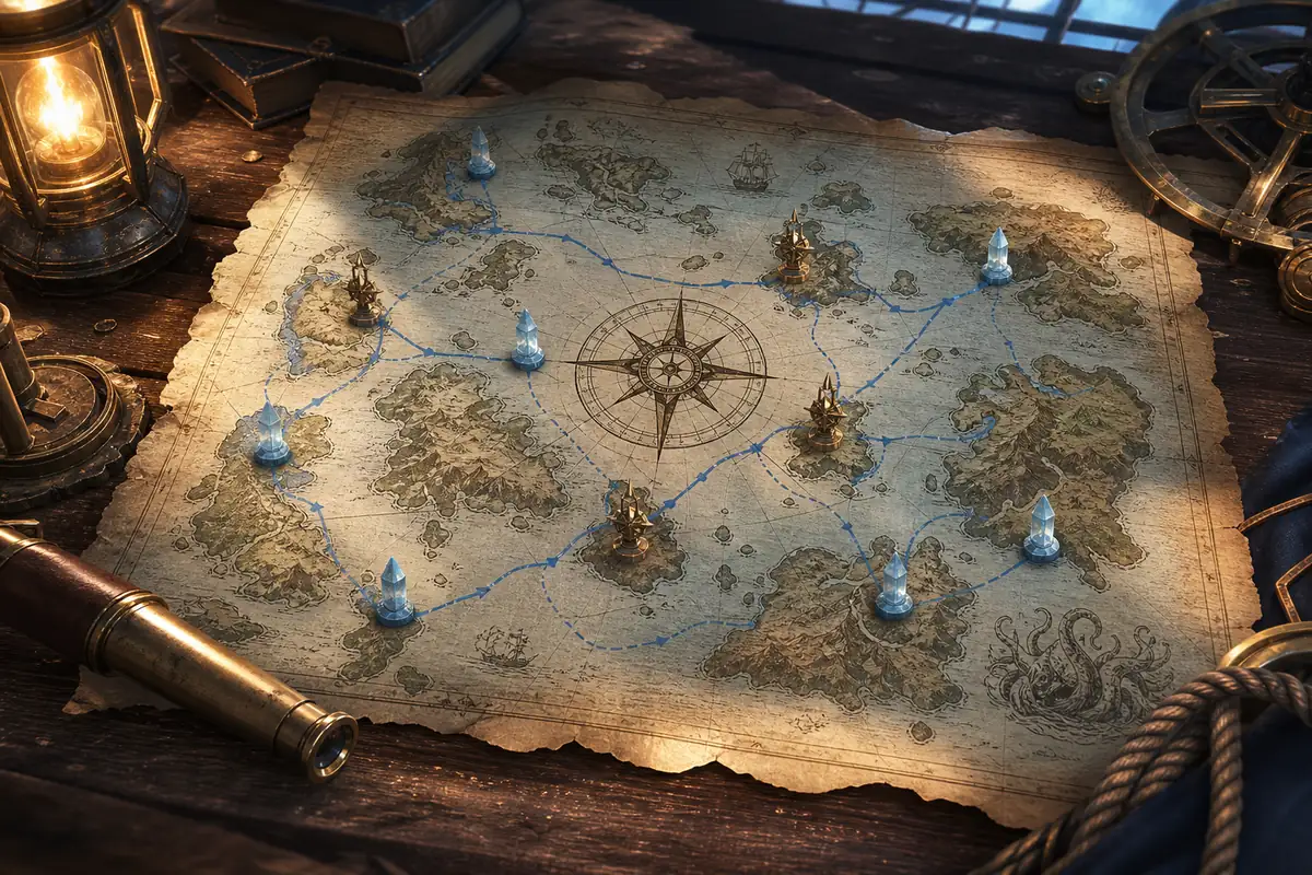 Arcane Odyssey sea chart guide with a parchment map, compass, island routes, and sea-region markers